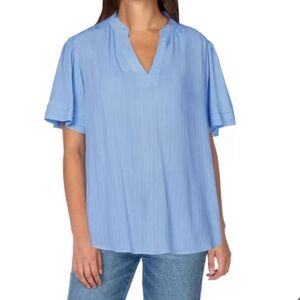 Well Worn Women's Blue Cuffed Ruffle Sleeve V-Neck Top